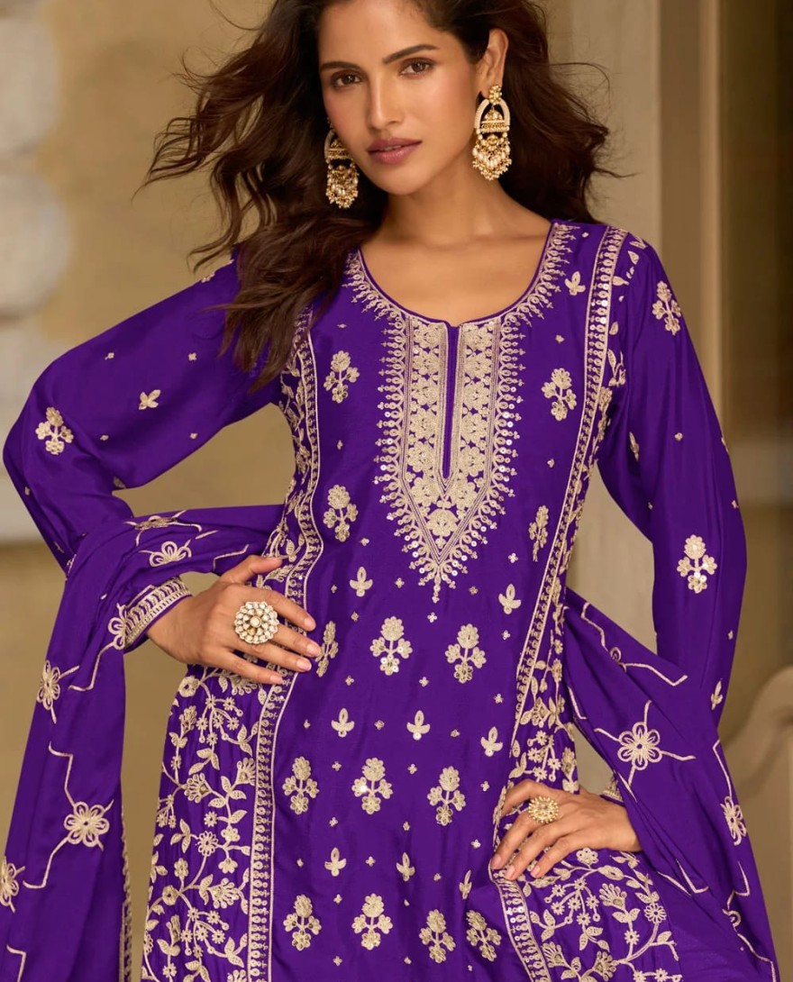 PURPLE - Urbane Purple Chinon Palazzo Salwar Suit with Embroidered, Sequins and Thread Work